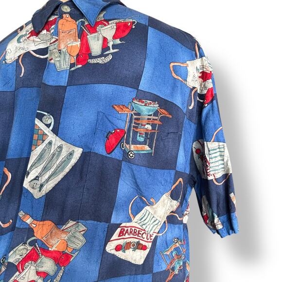 Vintage Campia Moda BBQ Shirt XL Blue Checked Grill Apron Print Rayon Boxy Camp - Picture 3 of 9